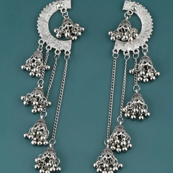 Antique silver dangling chain tassels jhumkas/pakistani Indian jewellery… - Picture 3 of 5